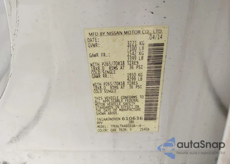 2014 Nissan Armada Sv z USA, uszkodzony, nr VIN 5N1AA0NDXEN610636